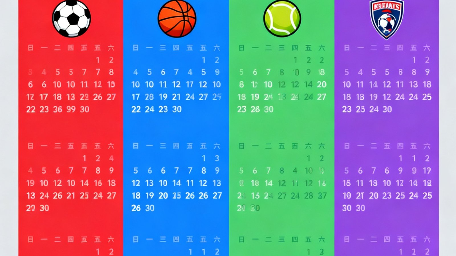一份设计精美的体育赛程日历，不同颜色标记着足球、篮球、网球和电竞的比赛日期，旁边配有各队队徽图标。