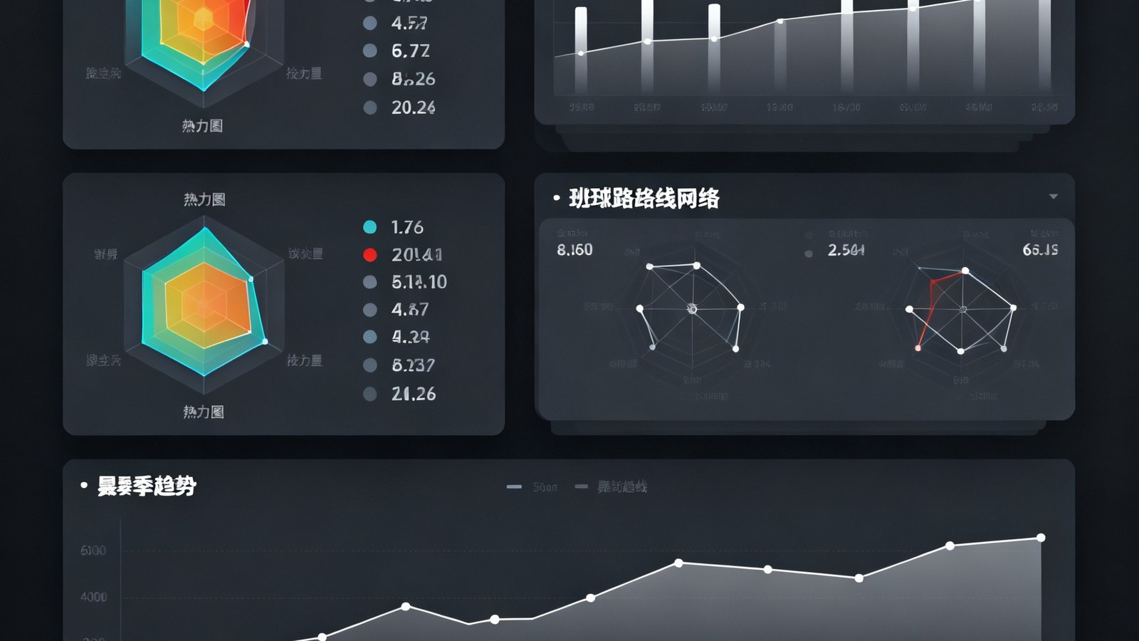 深色背景的数据仪表盘界面，展示着球员的详细技术统计图表，包括热力图、传球路线网络和赛季趋势折线图。